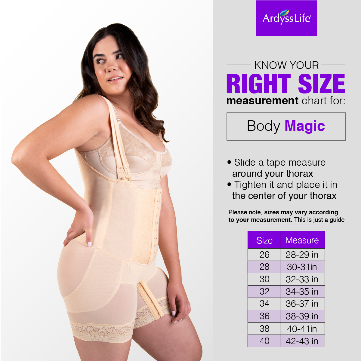 Sizing chart for: - Ardyss Body Magic Body Shaper Style 22